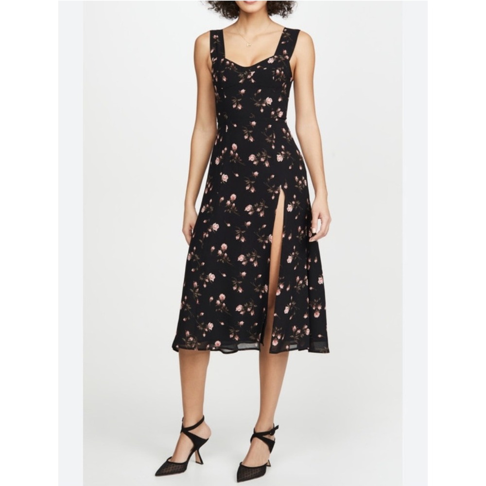 NWT Reformation Fulton Midi Dress Romy Rose Print Black Side Slit Sleeveless